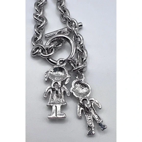 Articulated Boy & Girl Charm Bracelet Silver Tone 8" Toggle Closure - Picture 3 of 5